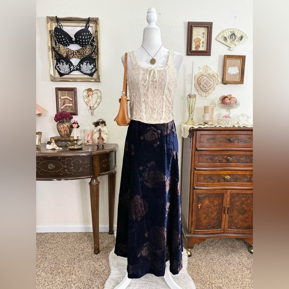 Y2k whimsigoth boho fairy floral velvet maxi skirt